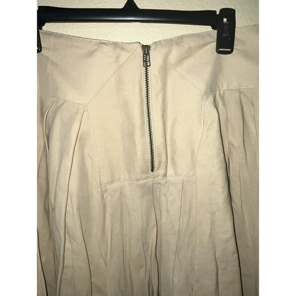 Linen Blend Pleated Skirt Big Zipper Khaki Tan Flare Western Boho Size 12 Greece - Picture 5 of 9